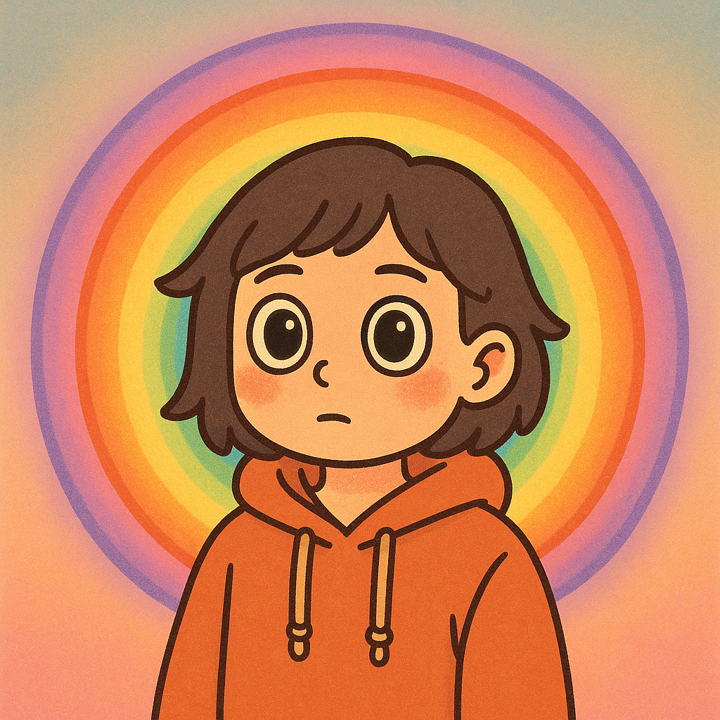 Kawaii cartoon girl surrounded by swirling pastel auras radiating from her body in soft, magical gradients