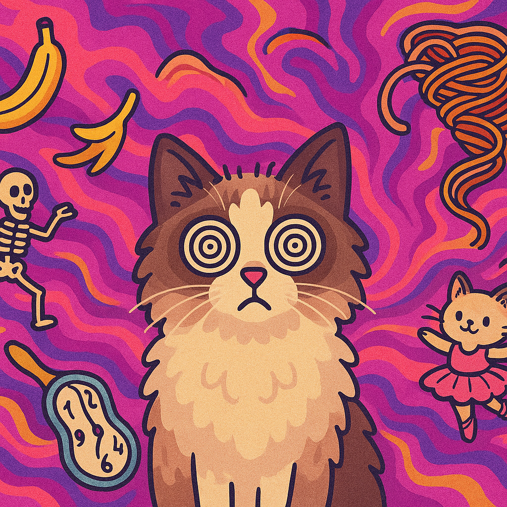 Psychedelic cartoon cat with spiraling eyes, surrounded by chaotic swirls and whimsical brainrot energy