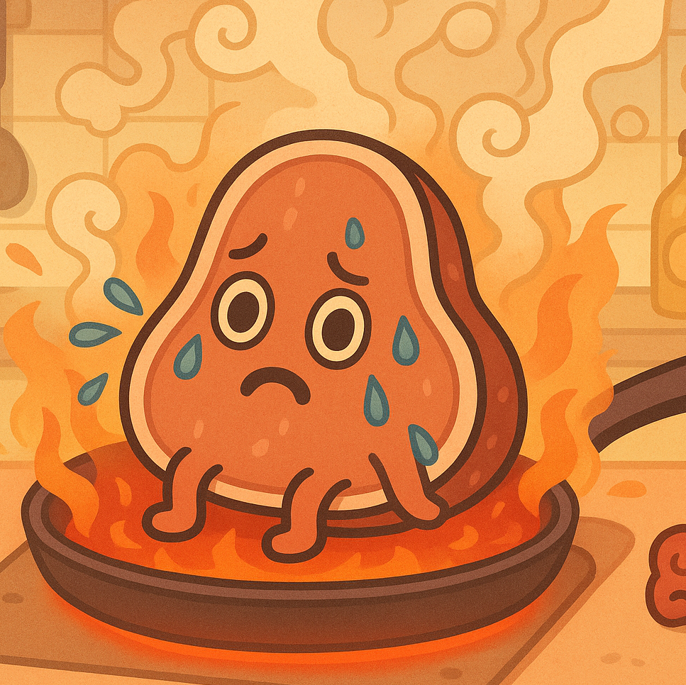Cute cartoon steak with big eyes sizzling in a frying pan, looking confused and slightly terrified