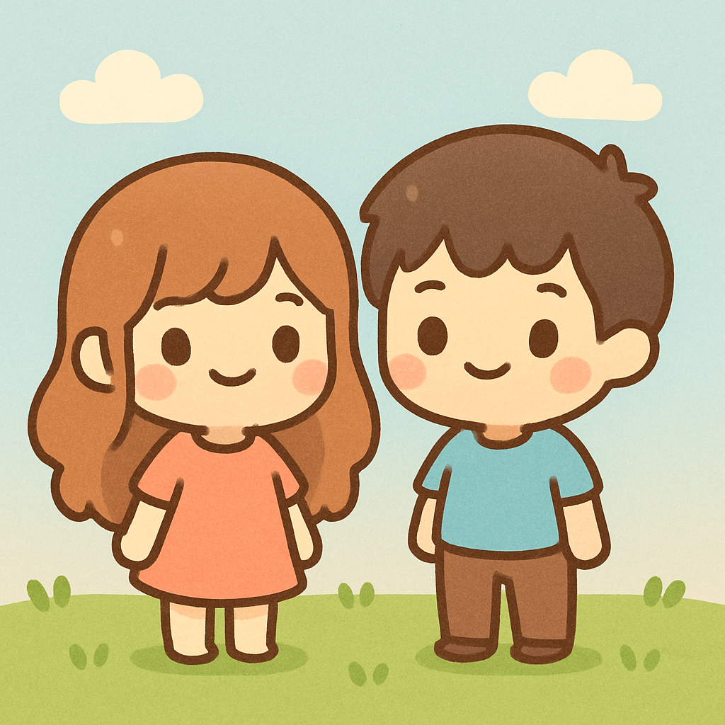 Two expressive characters side by side, smiling with radiant emotional warmth in a soft pastel setting