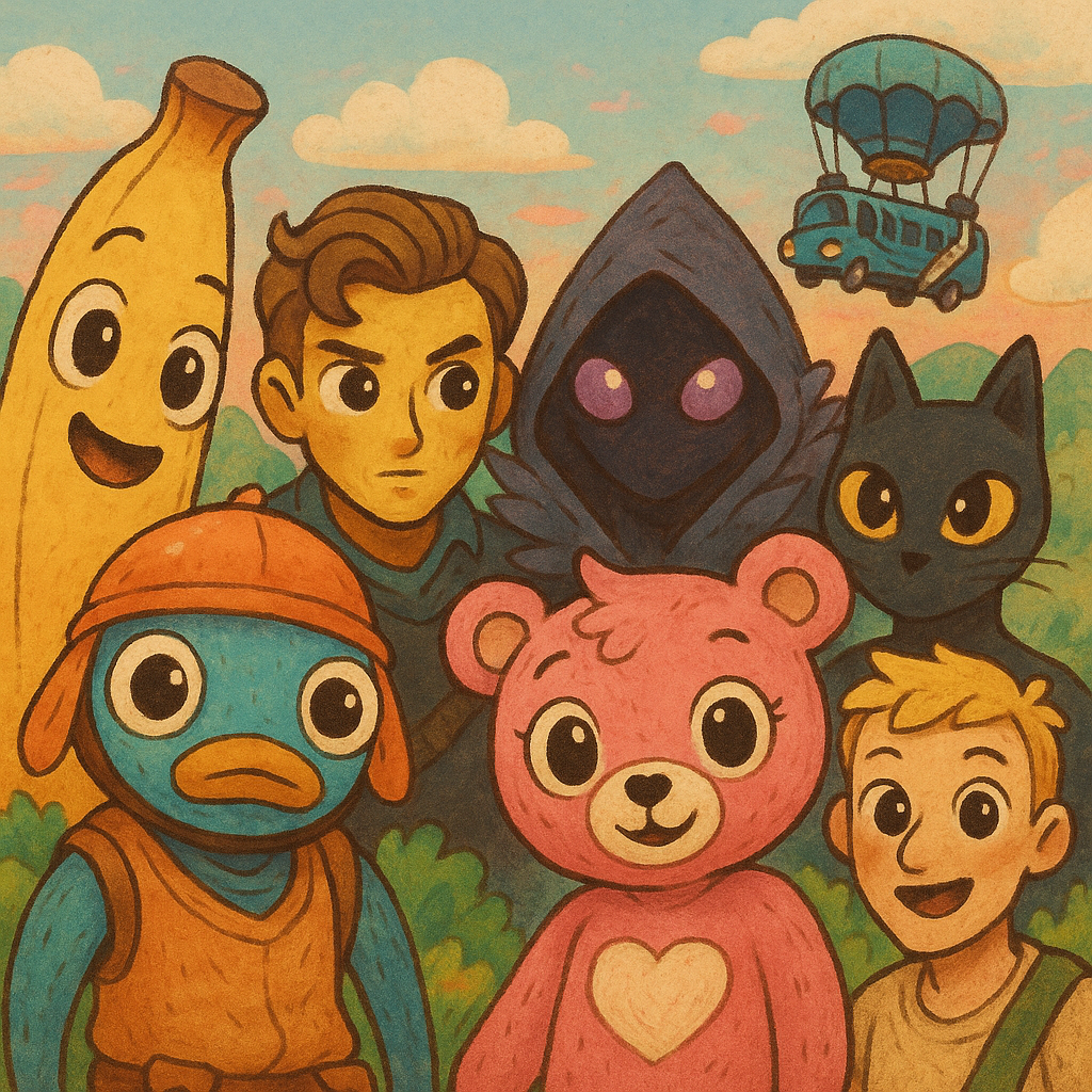 Cute pastel lineup of chibi Fortnite icons: a smiling banana, gold touched rogue, blue fish, hooded raven, sleek cat suit, masked wanderer, pink teddy with heart glow, and blond soldier posing on a floating battle bus over a candy colored island sky