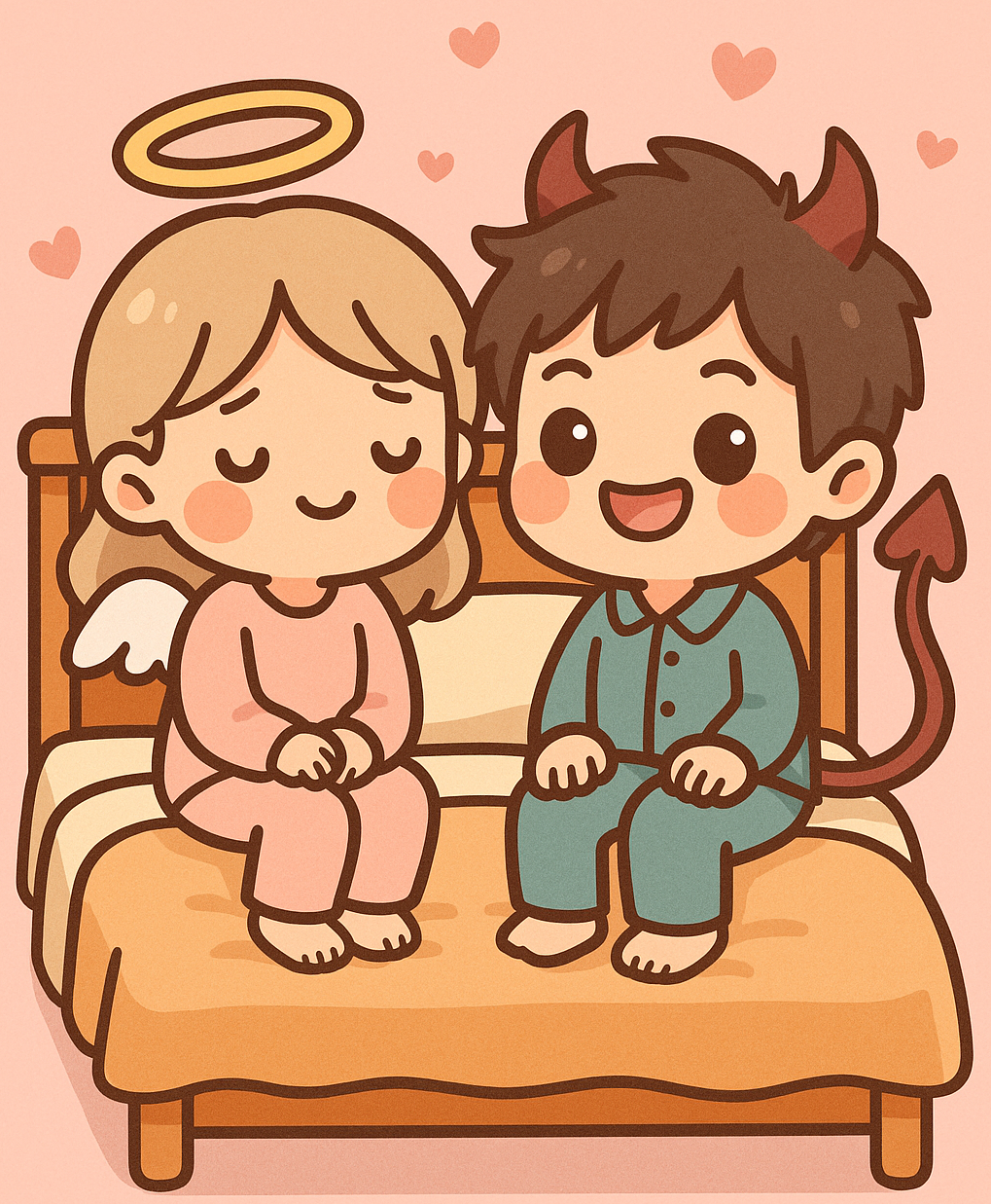 Whimsical couple in bed—one drawn as a mischievous demon, the other a gentle angel, both smiling knowingly