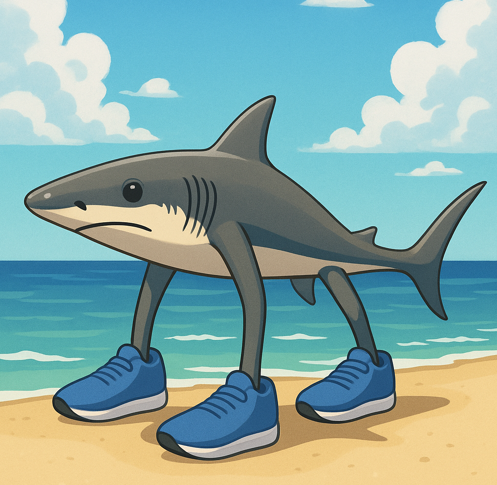 Absurdly cute cartoon shark with human legs, striking a pose against a soft-toned beach backdrop