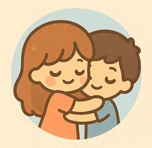 Cartoon couple embracing with wide eyes and soft blushes in a dreamy, romantic scene