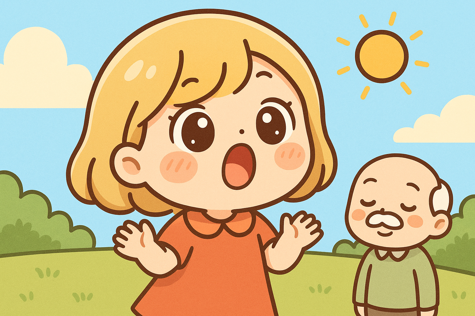 Excited child with hands raised in joy in the foreground, calm elderly man observing quietly behind