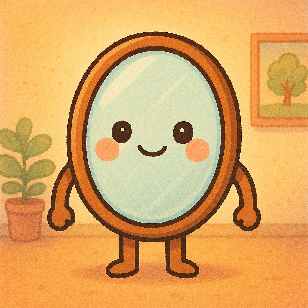 Playful mirror with a big smile gazing back at the viewer in a surreal, dreamy cartoon style