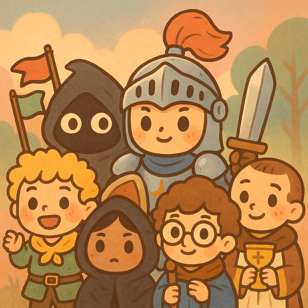 Soft-shaded kawaii tableau of chibi Oblivion companions. Knight, assassin, mage, fanboy. Clustered before a distant flaming gate against pastel hills.