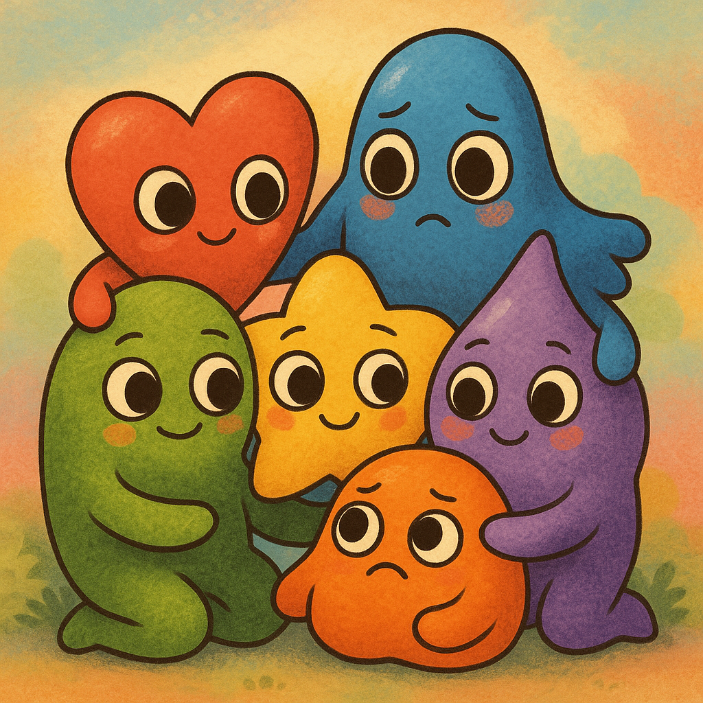 Cluster of pastel-colored blobs with expressive faces huddled together, each radiating a different vibe