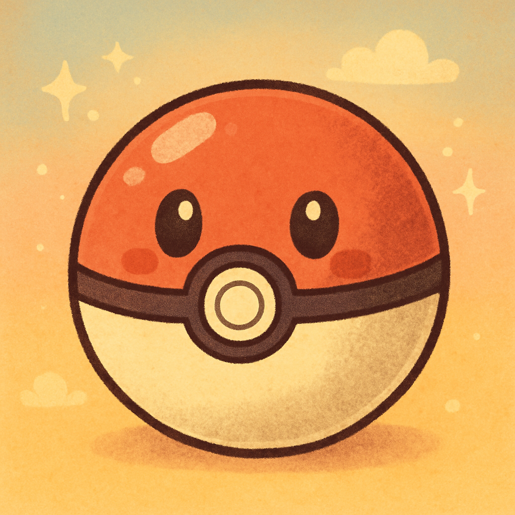 Adorable wide-eyed Pokéball sitting contentedly, surrounded by sparkles and soft cartoon accents