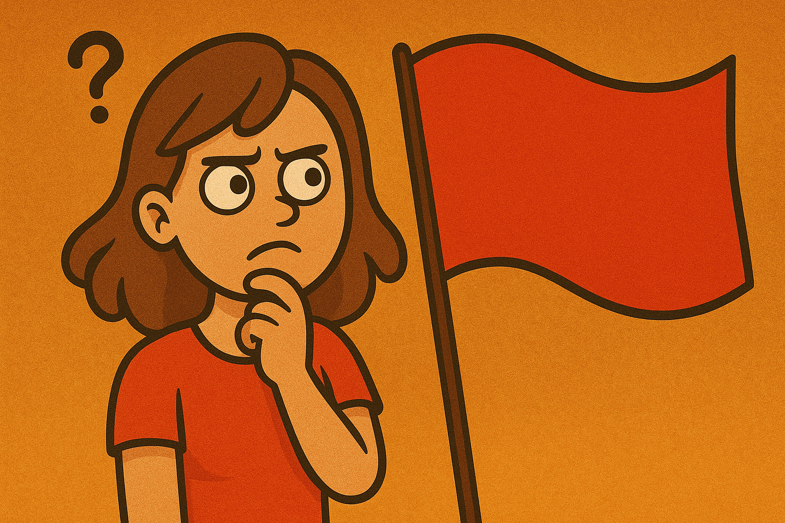 Whimsical woman staring at a literal red flag with a mix of curiosity and dread in a soft pastel world