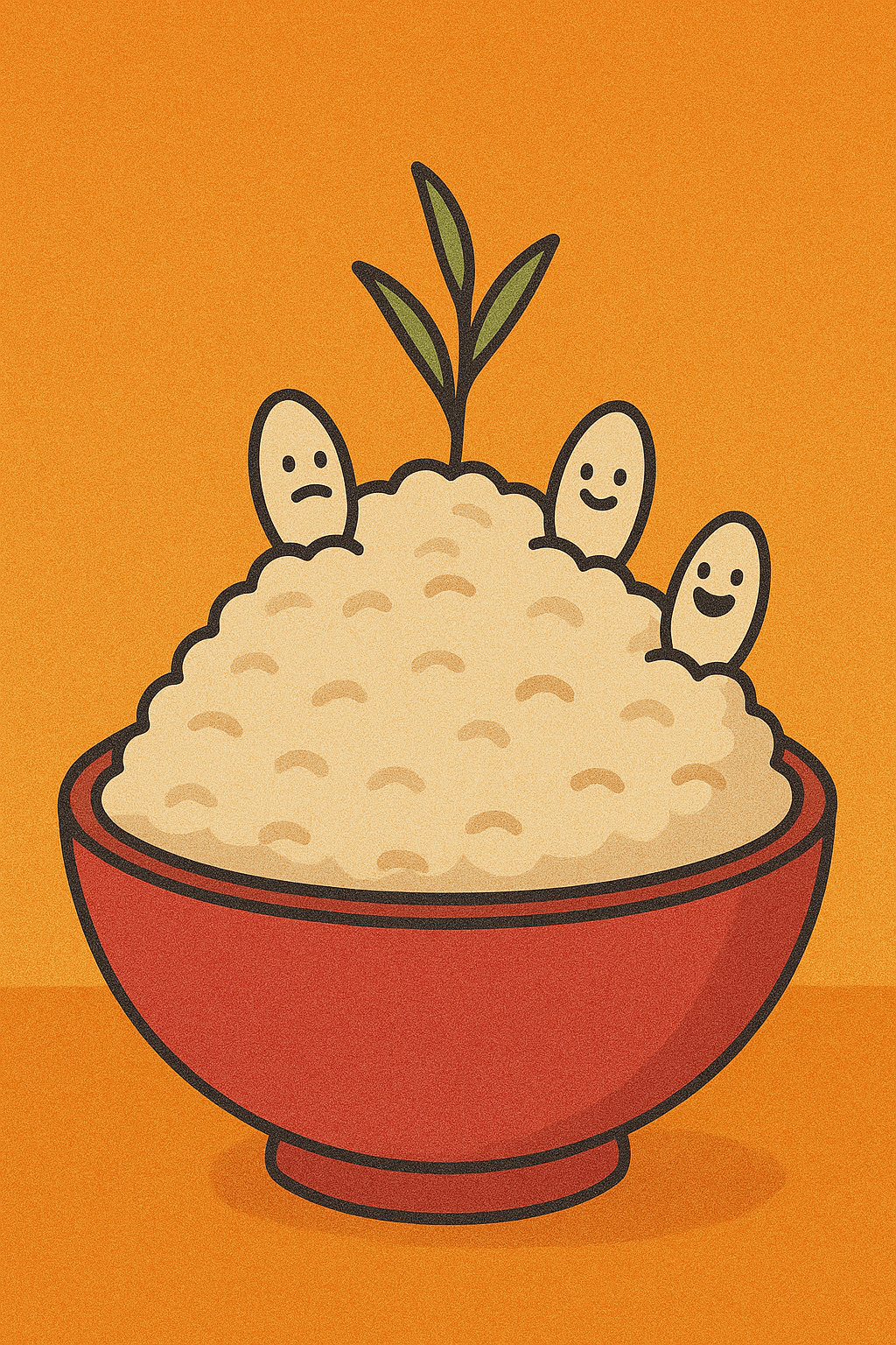 Cartoon bowl of rice with individual smiling and frowning grains peeking out in a chaotic, cutesy scene