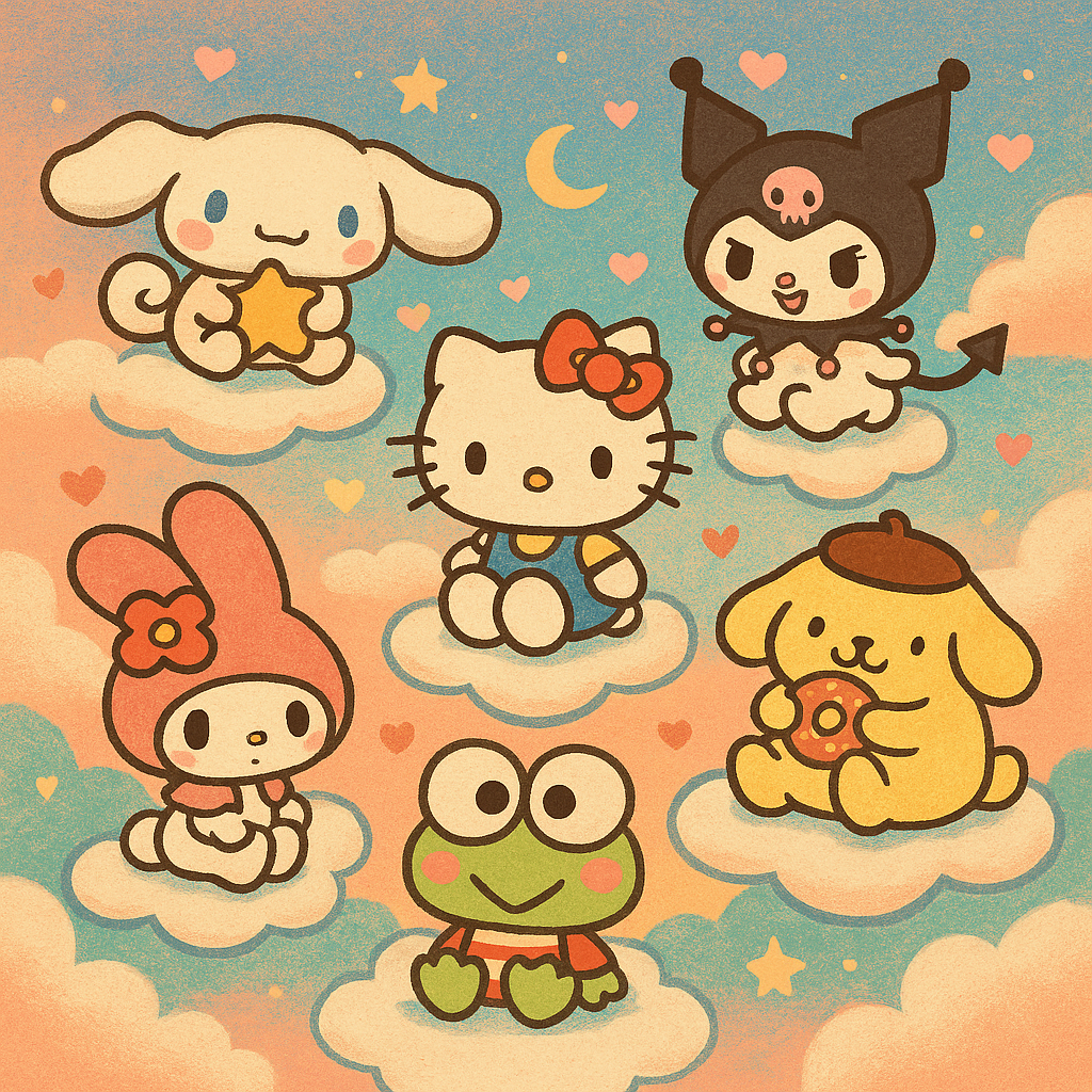 Chibi Sanrio characters floating on fluffy clouds with hearts and stars around