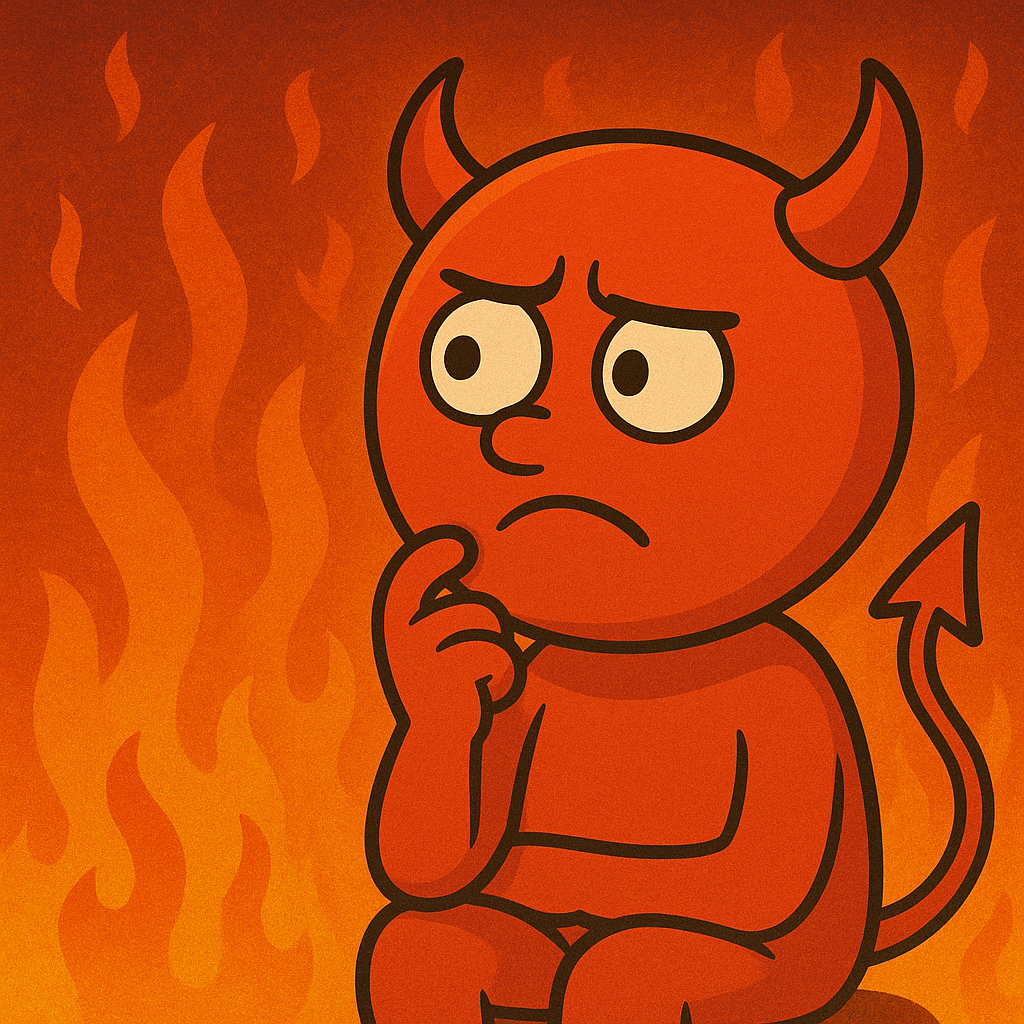 Red demon with raised eyebrow sitting in front of flickering flames, pondering mischief in a surreal scene