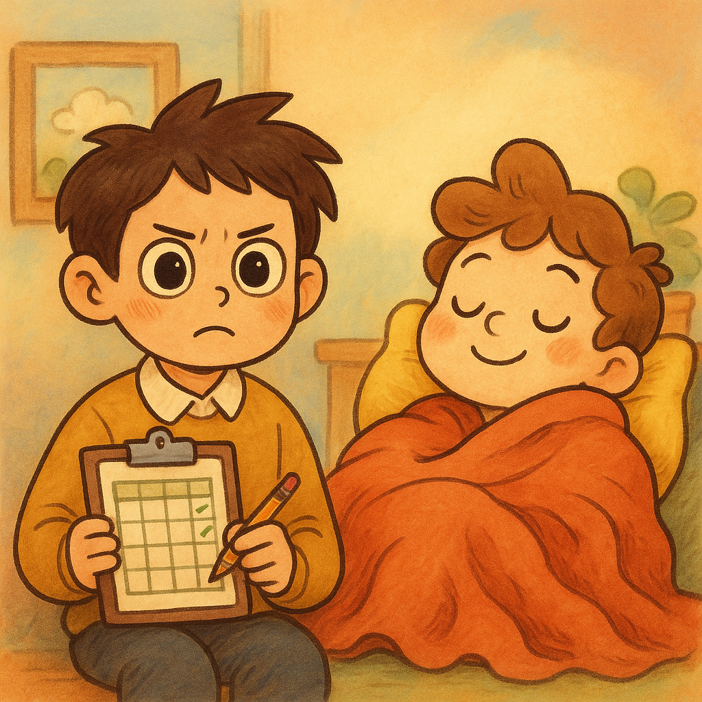 Split scene of stressed character holding a checklist next to a relaxed character snoozing peacefully in bed